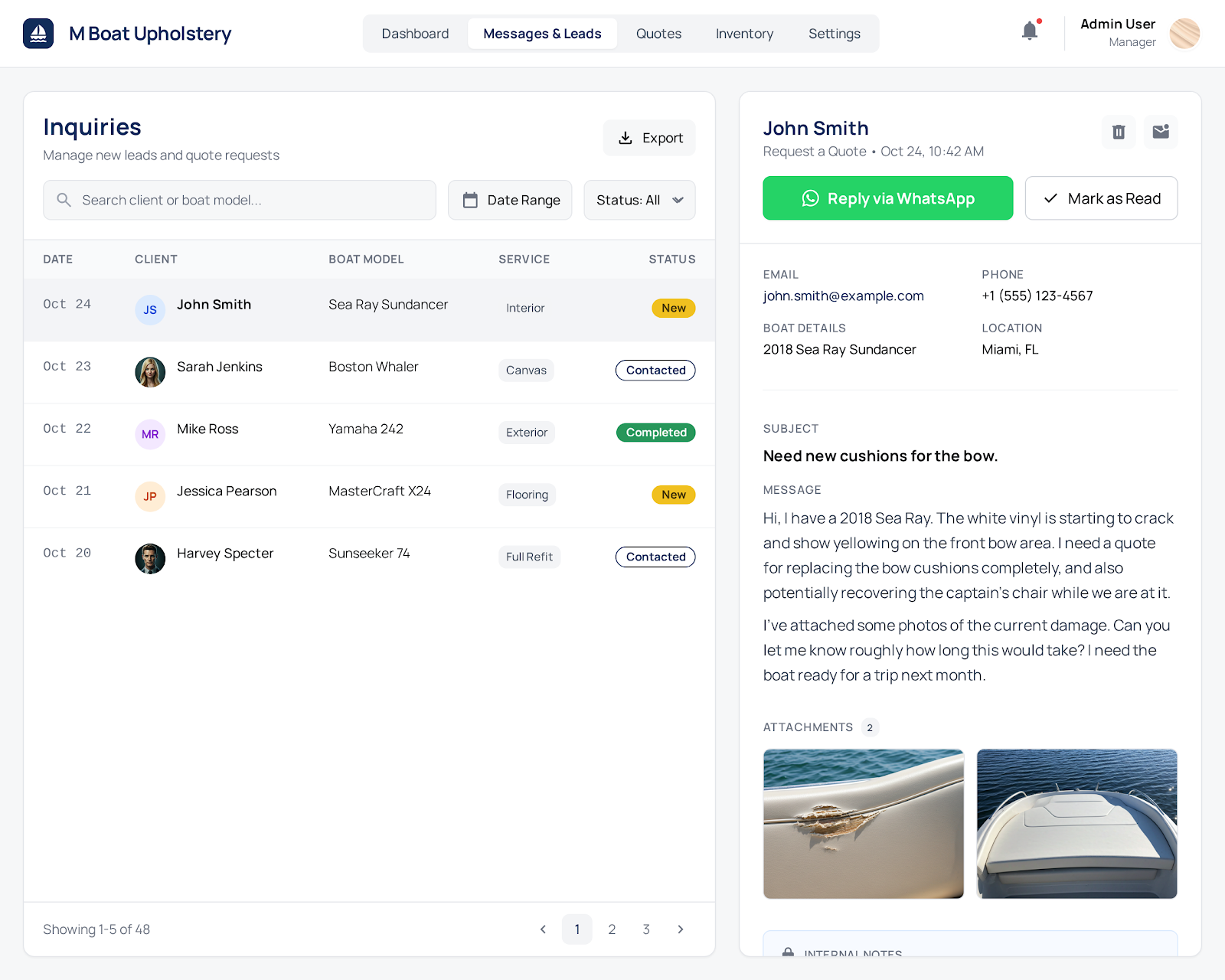 Admin Dashboard - Messages & Leads